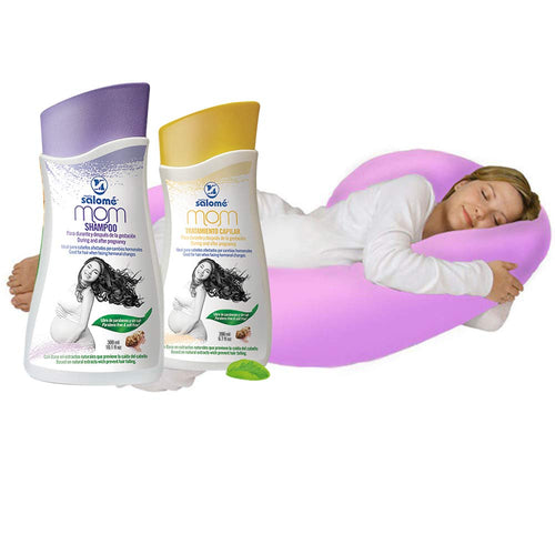 almohada de embarazo color rosado con kit mom