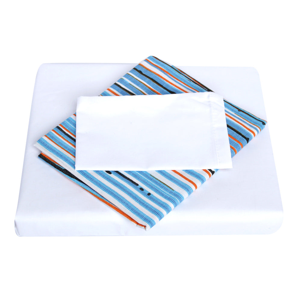 juego de sabanas para corral y cuna   blanca   rayas azules