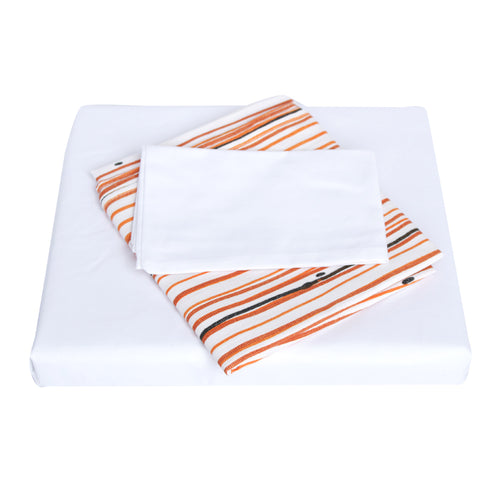 juego de sabanas para corral y cuna   blanca   rayas naranja y negro