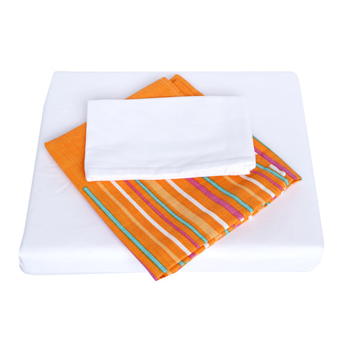 juego de sabanas para corral y cuna   blanca   rayas naranjas y aqua