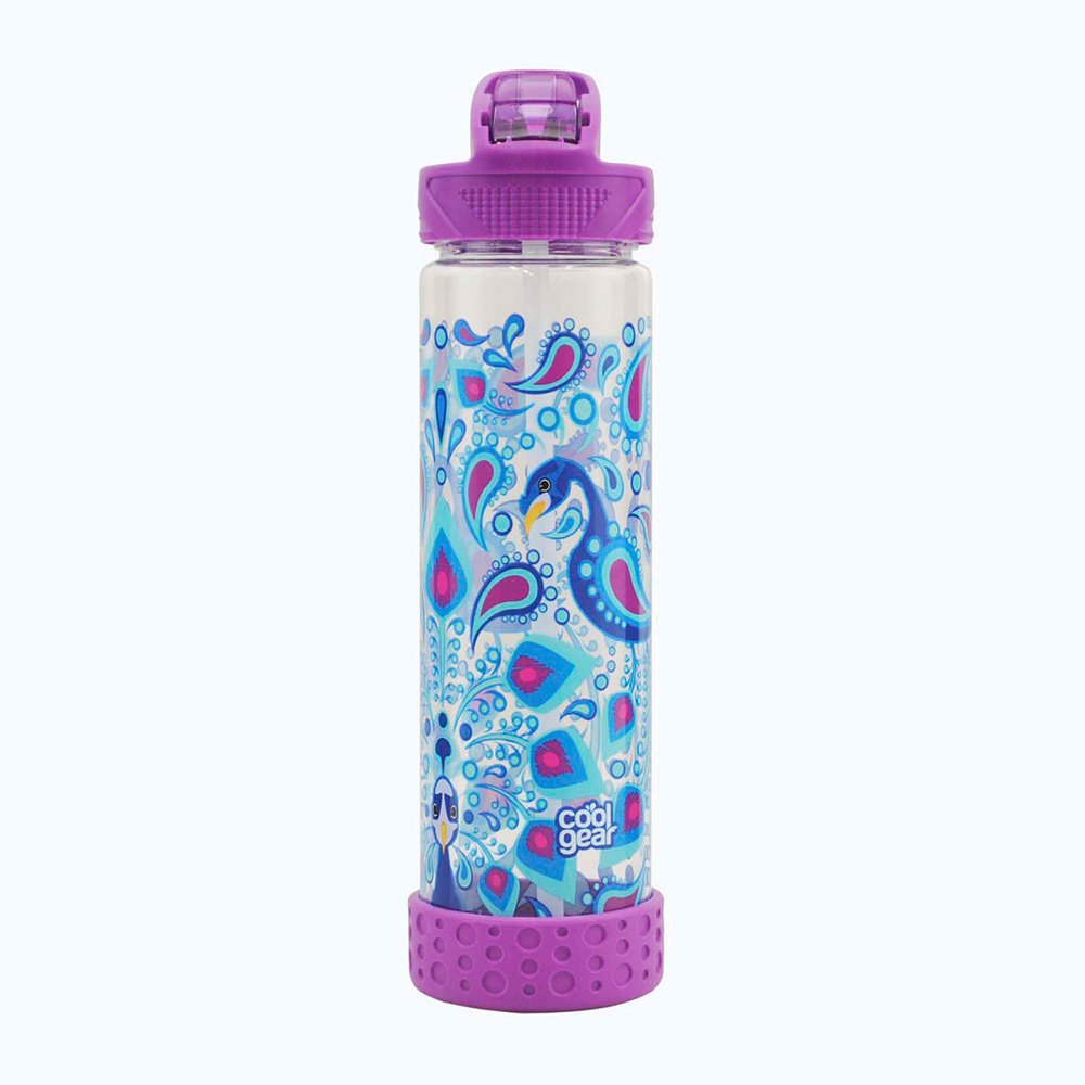 termo estampado morado plumas y arabescos