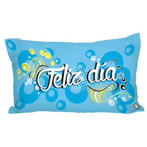 peluche rectangulo con la palabra feliz dia color azul