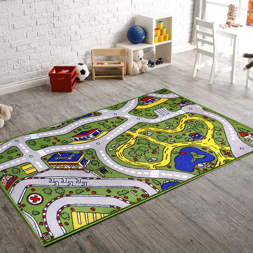 alfombra child rug fondo verde  tamano 140x200 cms