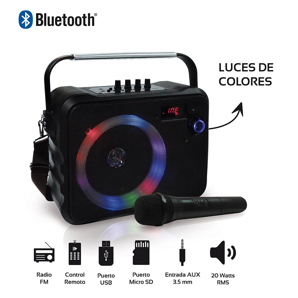 amplificador recargable tipo carriel bluetooth  fm  usb  micro sd 1 microfono inalambrico y control remoto 20w