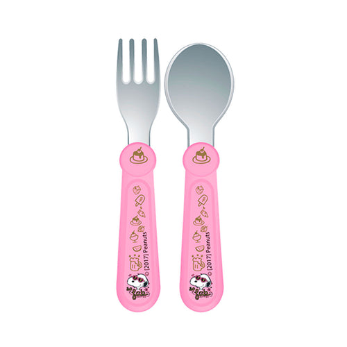 tenedor y cuchara de acero   marca peanuts color rosado