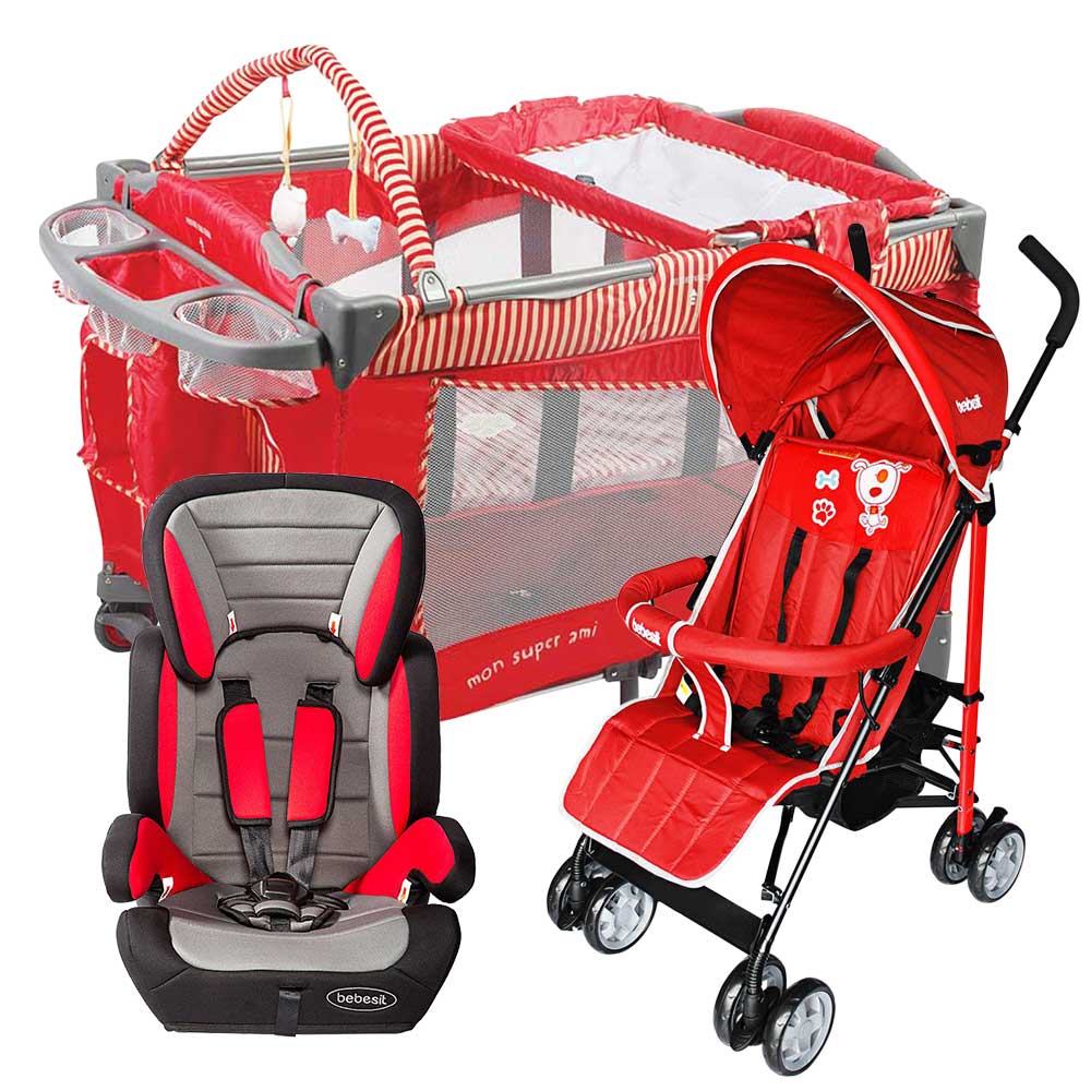 combo coche paseador buggy rojo   cuna corral mon ami   rojo   silla auto suzuka red