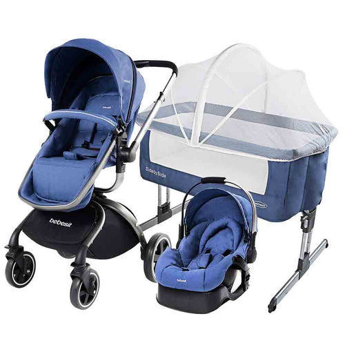 combo cuna side by side azul   travel system 360 grados azul