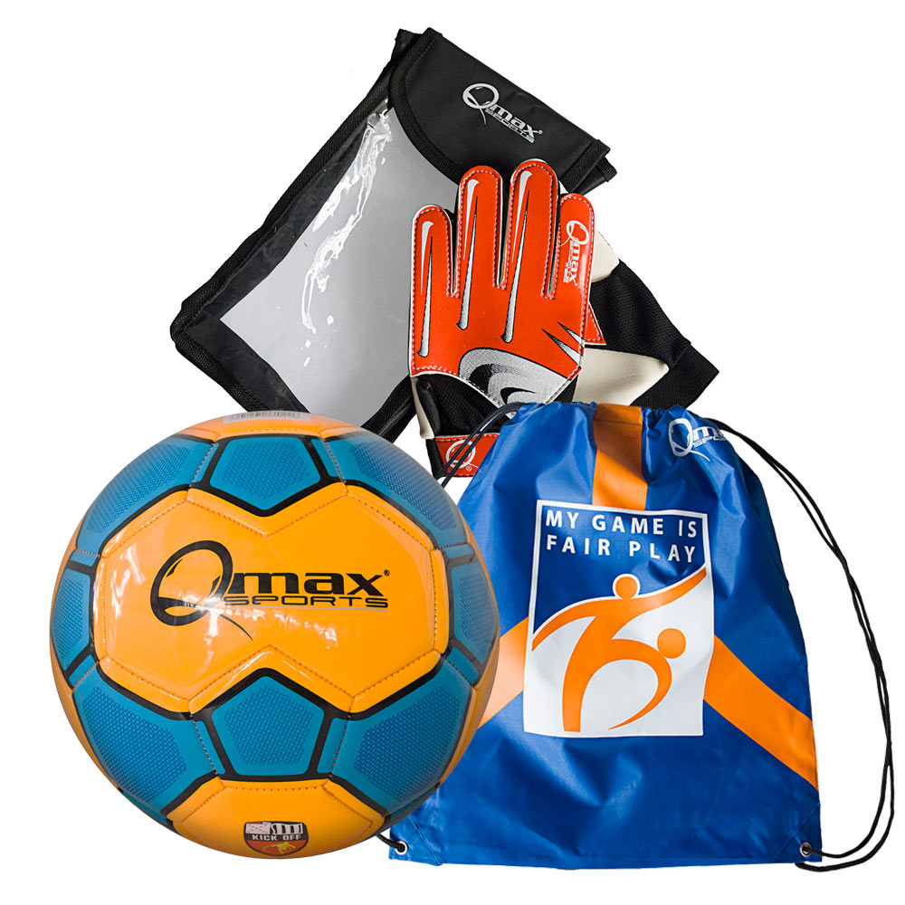 combo deportivo guantes qmax rojos   portaccesorios deportivo fair play azul   balon de futbol naranja con azul