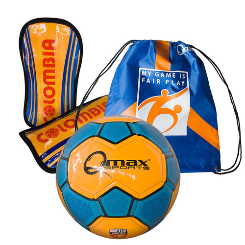 combo deportivo canillera mundialista colombia   portaccesorios deportivo fair play azul   balon de futbol naranja con azul