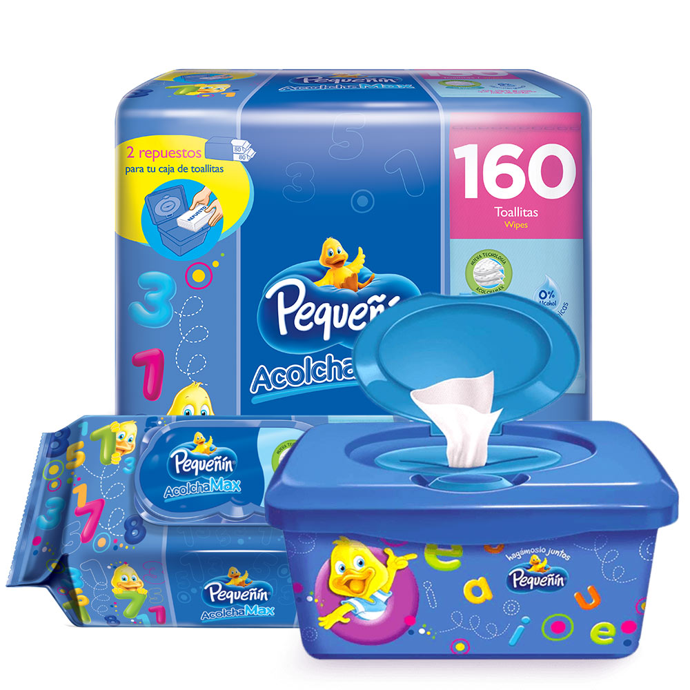 combo pequenin toallitas humedas  acolchamax x80   repuesto x160   caja dispensadora