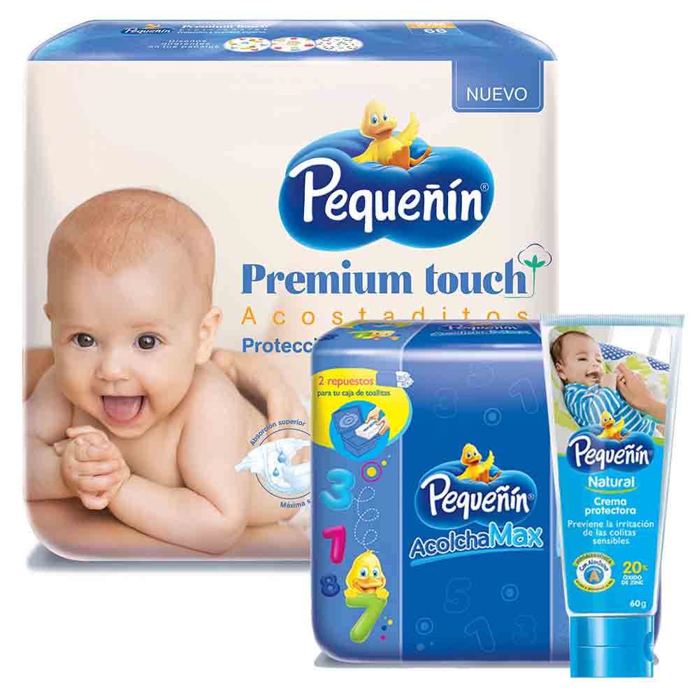 combo etapa 2   66 panales   pequenin premium touch    toallitas acolchamax repuesto caja x 160   crema portectora pequenin natural