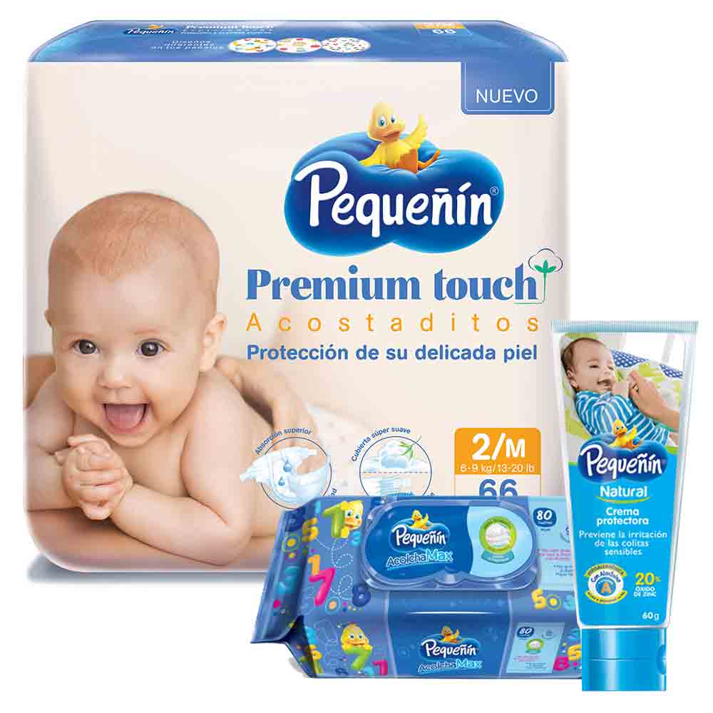 combo etapa 2   66 panales   pequenin premium touch   toallitas acolchamax repuesto caja x 80   crema protectora pequenin natural