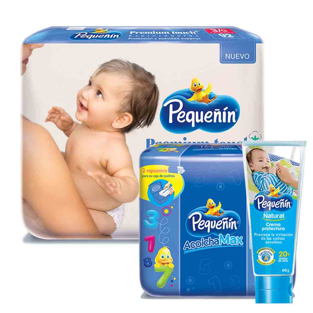combo etapa 3   92 panales   pequenin premium touch   toallitas acolchamax respuesto caja x 160   crema protectora pequenin natural