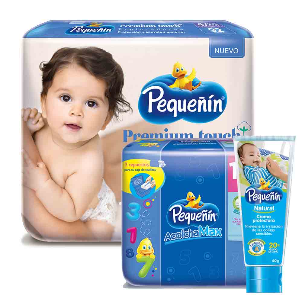 combo etapa 4   92 panales   pequenin premium touch    toallitas acolchamax respuesto caja x 160   crema protectora pequenin natural