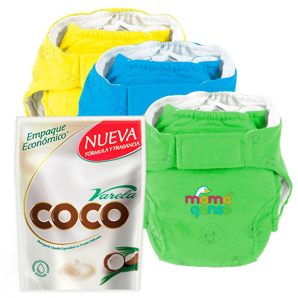 combo panales reutilizables x3 etapa 3   verde  amarillo y azul   detergente liquido coco varela doypack x1.8l