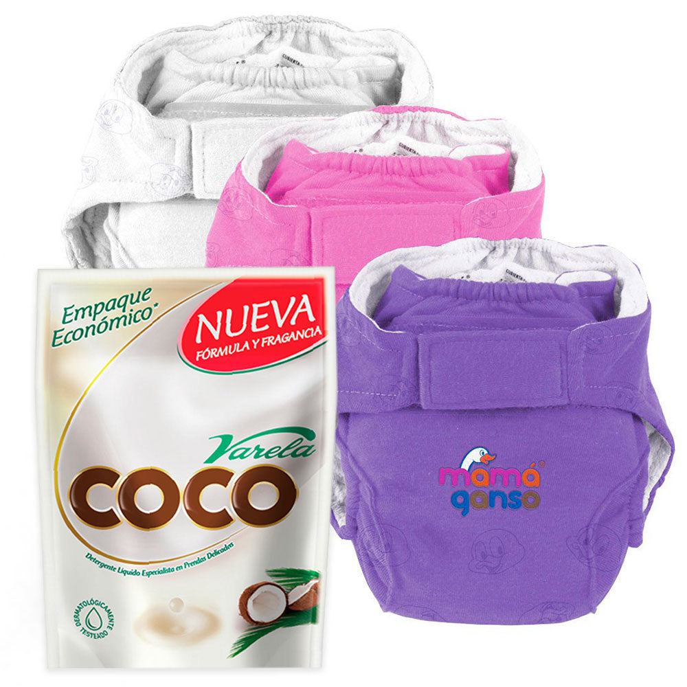 combo panales reutilizables x3 etapa 3   morado  fucsia y blanco   detergente liquido coco varela doypack x1.8l