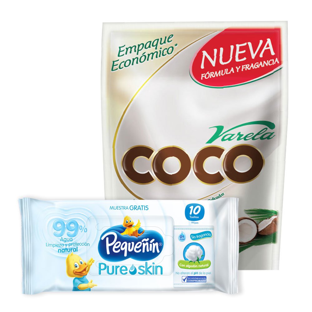 promocion  detergente liquido coco varela doypack x1.8l   gratis toallitas humedas pequenin pure skin x10 und