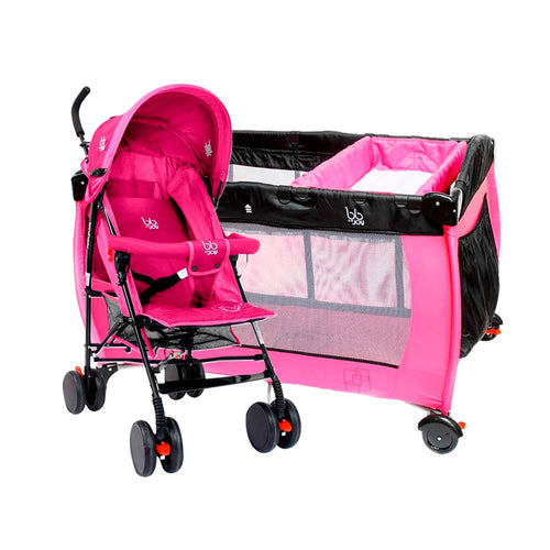 combo corral cuna nun color rosado marca bbjoy   coche paraguas  kinna  umbrella stroller color rosado marca bbjoy