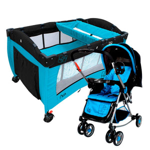 combo corral cuna nun color azul marca bbjoy   coche mecedora  swing  baby rocking color azul marca bbjoy