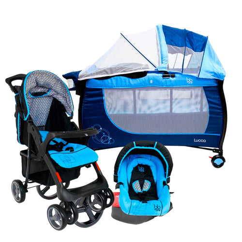 combo corral cuna lucca color azul marca bbjoy   coche travel system 4 en 1 travel lite  color azul marca bbjoy