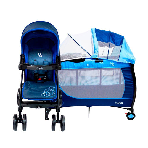 combo corral cuna lucca color azul marca bbjoy   coche de lujo explorer color azul marca bbjoy