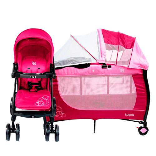 combo corral cuna lucca color rosado marca bbjoy   coche de lujo explorer color rosado marca bbjoy